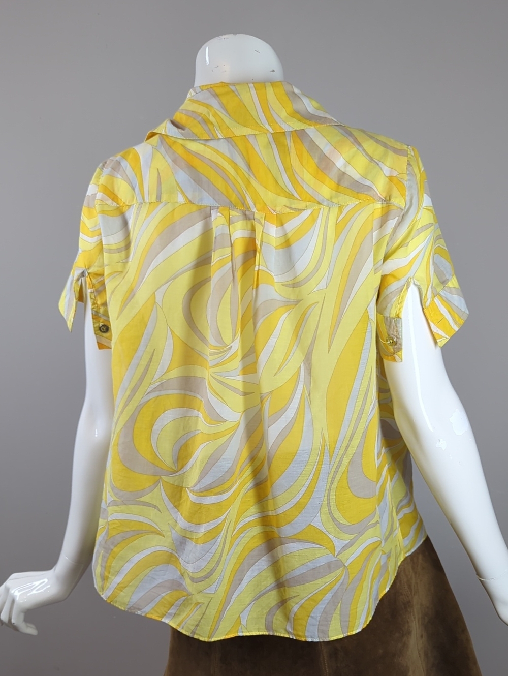 Women's Yellow Swirl Short-Sleeve Button Front Top Michael Kors Sheer Xs - Picture 8 of 9